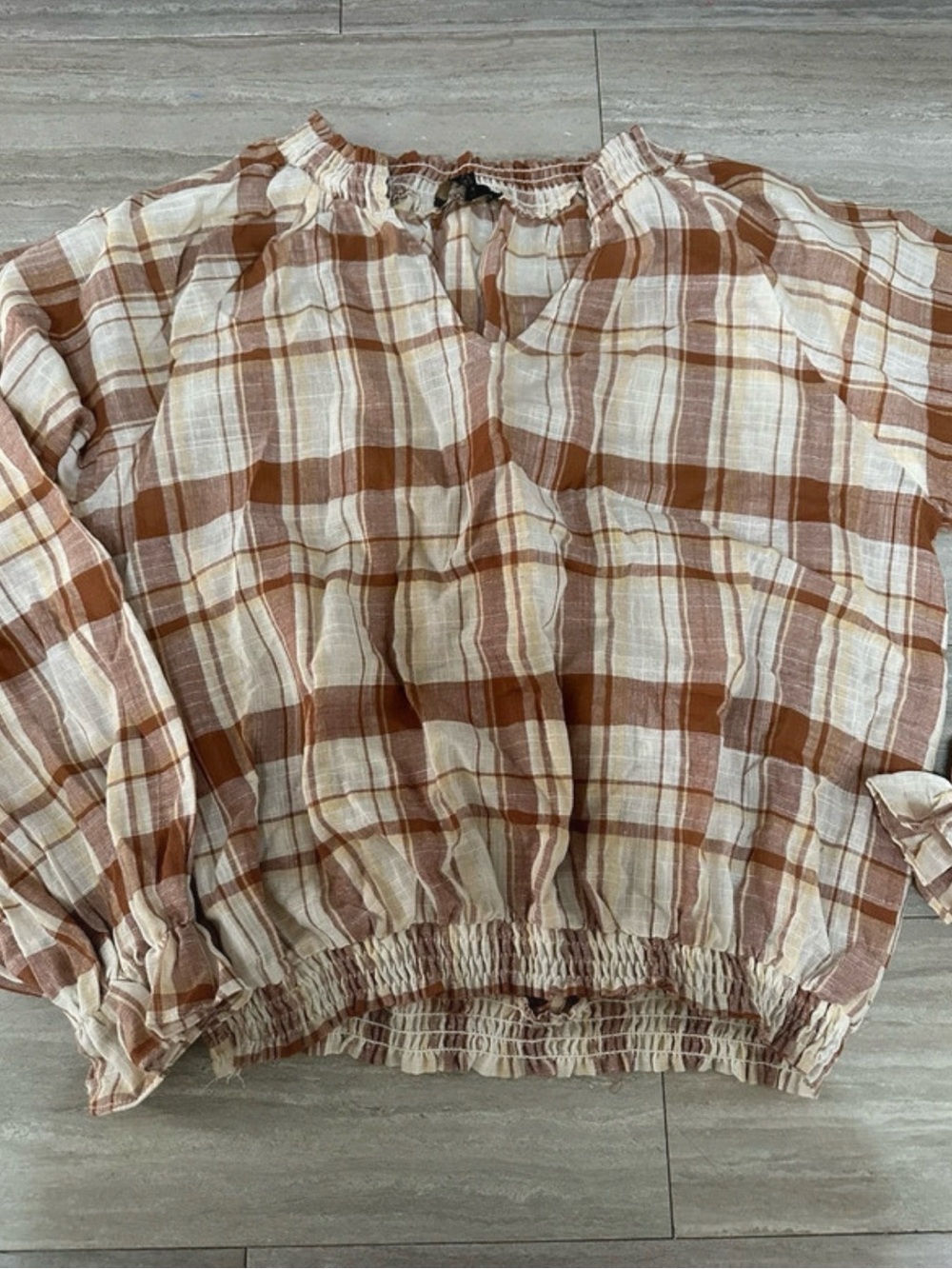 Plaid Peasant Tunic Top in Brown and Cream